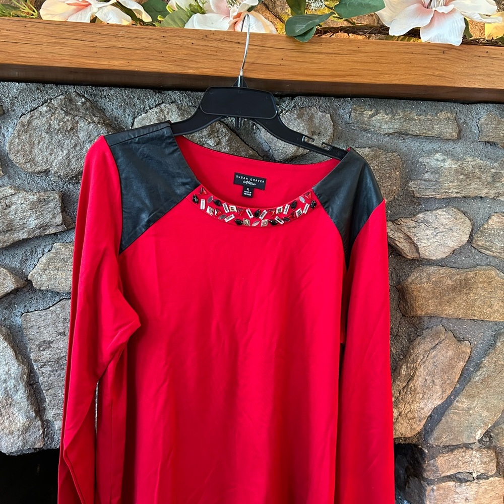 Susan Graver Artisan Red Long Sleeve Top With Bling Front Size XL